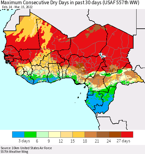 Western Africa Maximum Consecutive Dry Days in past 30 days (USAF 557th WW) 03/15/2022 Thematic Map For 3/11/2022 - 3/15/2022
