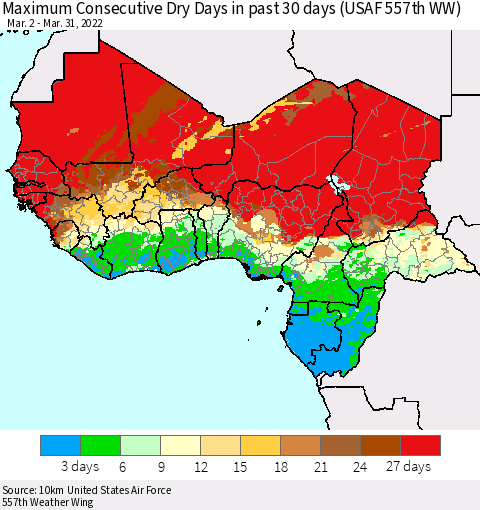 Western Africa Maximum Consecutive Dry Days in past 30 days (USAF 557th WW) 03/31/2022 Thematic Map For 3/26/2022 - 3/31/2022
