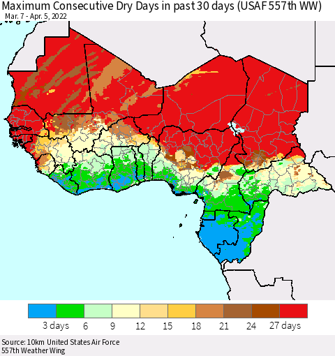 Western Africa Maximum Consecutive Dry Days in past 30 days (USAF 557th WW) 04/05/2022 Thematic Map For 4/1/2022 - 4/5/2022