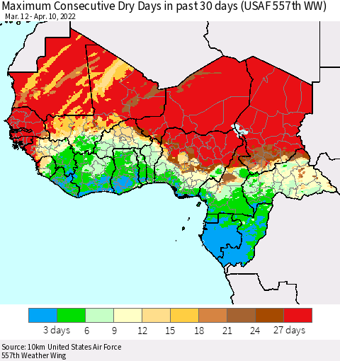 Western Africa Maximum Consecutive Dry Days in past 30 days (USAF 557th WW) 04/10/2022 Thematic Map For 4/6/2022 - 4/10/2022