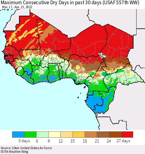 Western Africa Maximum Consecutive Dry Days in past 30 days (USAF 557th WW) 04/15/2022 Thematic Map For 4/11/2022 - 4/15/2022