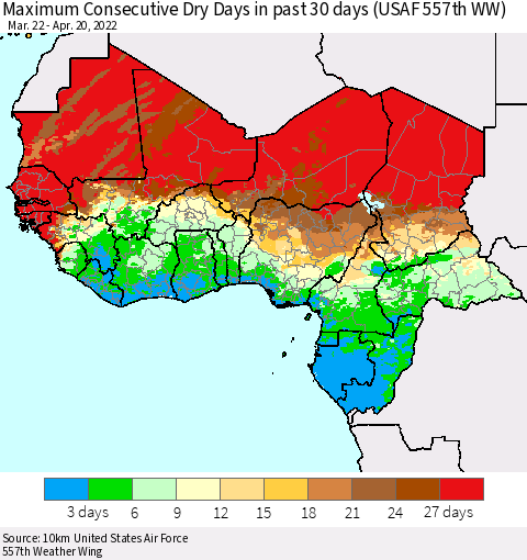Western Africa Maximum Consecutive Dry Days in past 30 days (USAF 557th WW) 04/20/2022 Thematic Map For 4/16/2022 - 4/20/2022