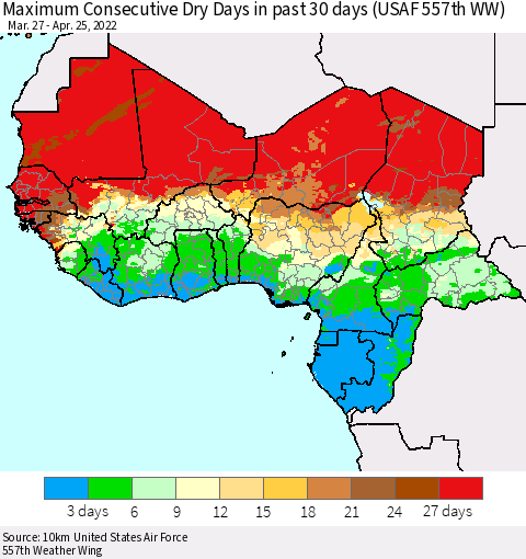 Western Africa Maximum Consecutive Dry Days in past 30 days (USAF 557th WW) 04/25/2022 Thematic Map For 4/21/2022 - 4/25/2022