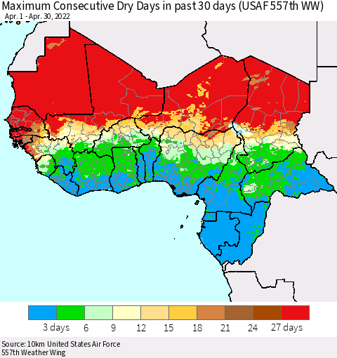Western Africa Maximum Consecutive Dry Days in past 30 days (USAF 557th WW) 04/30/2022 Thematic Map For 4/26/2022 - 4/30/2022