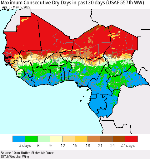 Western Africa Maximum Consecutive Dry Days in past 30 days (USAF 557th WW) 05/05/2022 Thematic Map For 5/1/2022 - 5/5/2022