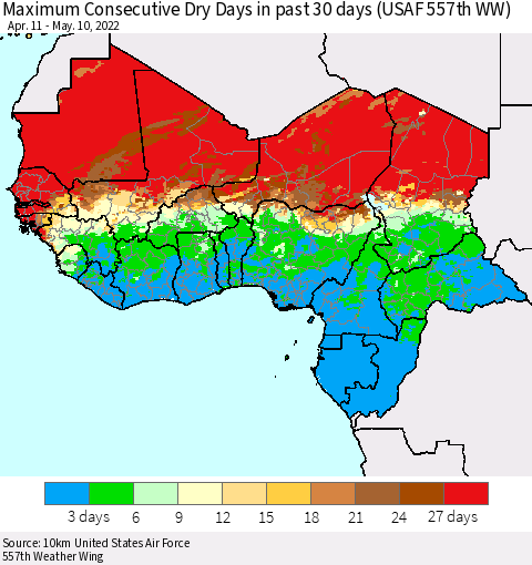 Western Africa Maximum Consecutive Dry Days in past 30 days (USAF 557th WW) 05/10/2022 Thematic Map For 5/6/2022 - 5/10/2022
