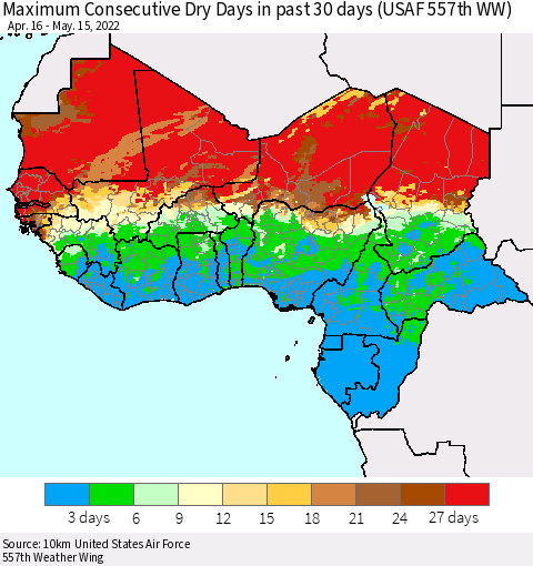 Western Africa Maximum Consecutive Dry Days in past 30 days (USAF 557th WW) 05/15/2022 Thematic Map For 5/11/2022 - 5/15/2022