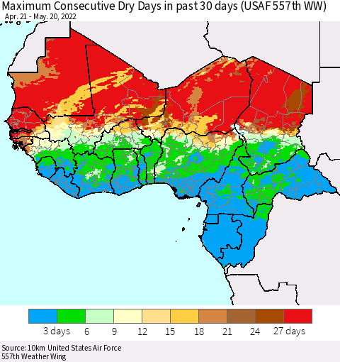 Western Africa Maximum Consecutive Dry Days in past 30 days (USAF 557th WW) 05/20/2022 Thematic Map For 5/16/2022 - 5/20/2022