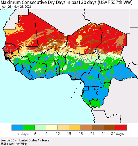 Western Africa Maximum Consecutive Dry Days in past 30 days (USAF 557th WW) 05/25/2022 Thematic Map For 5/21/2022 - 5/25/2022