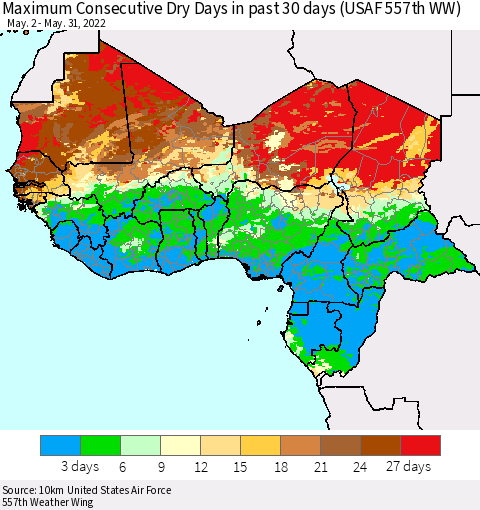 Western Africa Maximum Consecutive Dry Days in past 30 days (USAF 557th WW) 05/31/2022 Thematic Map For 5/26/2022 - 5/31/2022