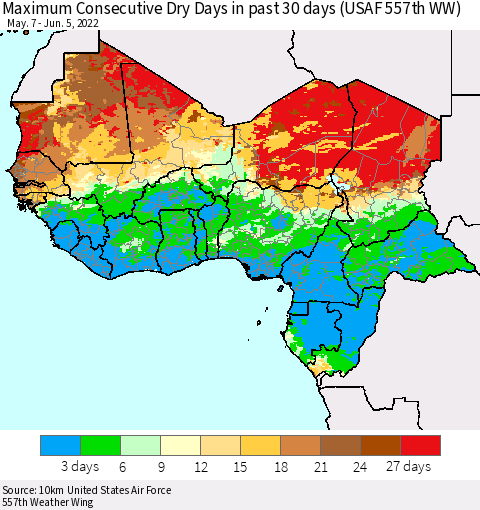 Western Africa Maximum Consecutive Dry Days in past 30 days (USAF 557th WW) 06/05/2022 Thematic Map For 6/1/2022 - 6/5/2022