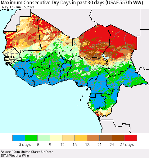 Western Africa Maximum Consecutive Dry Days in past 30 days (USAF 557th WW) 06/15/2022 Thematic Map For 6/11/2022 - 6/15/2022