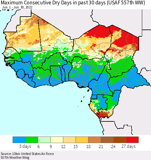 Western Africa Maximum Consecutive Dry Days in past 30 days (USAF 557th WW) 06/30/2022 Thematic Map For 6/26/2022 - 6/30/2022