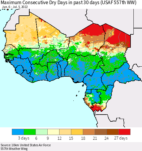 Western Africa Maximum Consecutive Dry Days in past 30 days (USAF 557th WW) 07/05/2022 Thematic Map For 7/1/2022 - 7/5/2022