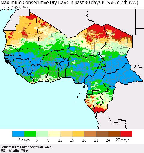 Western Africa Maximum Consecutive Dry Days in past 30 days (USAF 557th WW) 08/05/2022 Thematic Map For 8/1/2022 - 8/5/2022