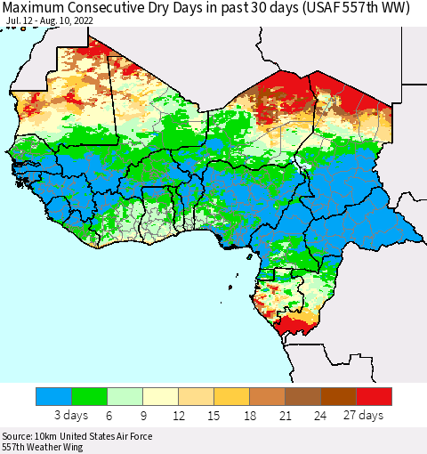 Western Africa Maximum Consecutive Dry Days in past 30 days (USAF 557th WW) 08/10/2022 Thematic Map For 8/6/2022 - 8/10/2022