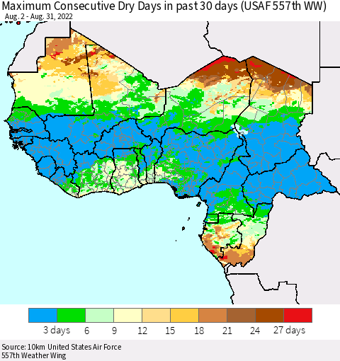 Western Africa Maximum Consecutive Dry Days in past 30 days (USAF 557th WW) 08/31/2022 Thematic Map For 8/26/2022 - 8/31/2022