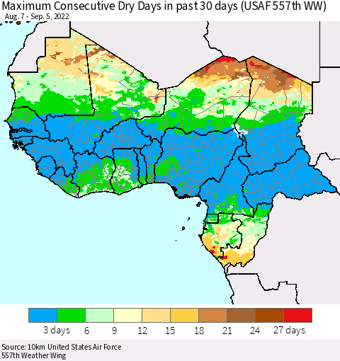 Western Africa Maximum Consecutive Dry Days in past 30 days (USAF 557th WW) 09/05/2022 Thematic Map For 9/1/2022 - 9/5/2022