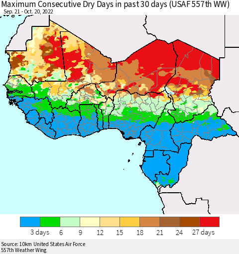 Western Africa Maximum Consecutive Dry Days in past 30 days (USAF 557th WW) 10/20/2022 Thematic Map For 10/16/2022 - 10/20/2022