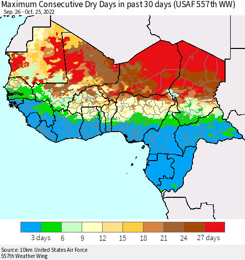 Western Africa Maximum Consecutive Dry Days in past 30 days (USAF 557th WW) 10/25/2022 Thematic Map For 10/21/2022 - 10/25/2022