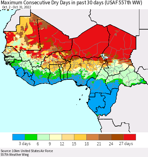 Western Africa Maximum Consecutive Dry Days in past 30 days (USAF 557th WW) 10/31/2022 Thematic Map For 10/26/2022 - 10/31/2022