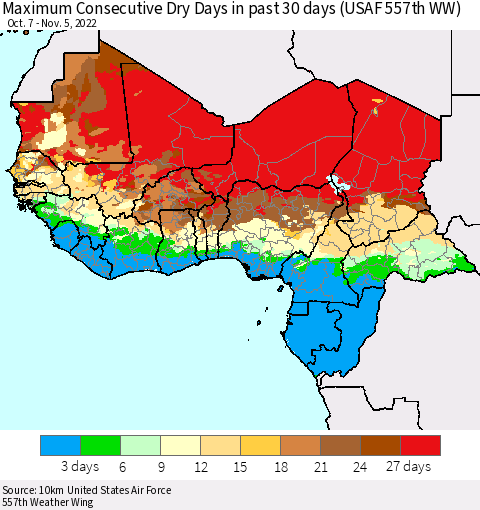 Western Africa Maximum Consecutive Dry Days in past 30 days (USAF 557th WW) 11/05/2022 Thematic Map For 11/1/2022 - 11/5/2022