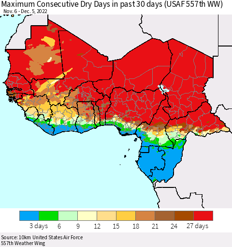 Western Africa Maximum Consecutive Dry Days in past 30 days (USAF 557th WW) 12/05/2022 Thematic Map For 12/1/2022 - 12/5/2022