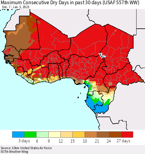 Western Africa Maximum Consecutive Dry Days in past 30 days (USAF 557th WW) 01/05/2023 Thematic Map For 1/1/2023 - 1/5/2023