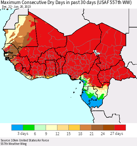 Western Africa Maximum Consecutive Dry Days in past 30 days (USAF 557th WW) 01/20/2023 Thematic Map For 1/16/2023 - 1/20/2023