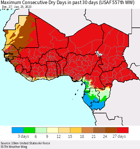 Western Africa Maximum Consecutive Dry Days in past 30 days (USAF 557th WW) 01/25/2023 Thematic Map For 1/21/2023 - 1/25/2023