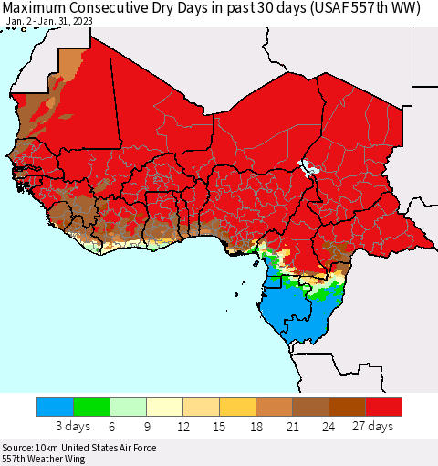 Western Africa Maximum Consecutive Dry Days in past 30 days (USAF 557th WW) 01/31/2023 Thematic Map For 1/26/2023 - 1/31/2023