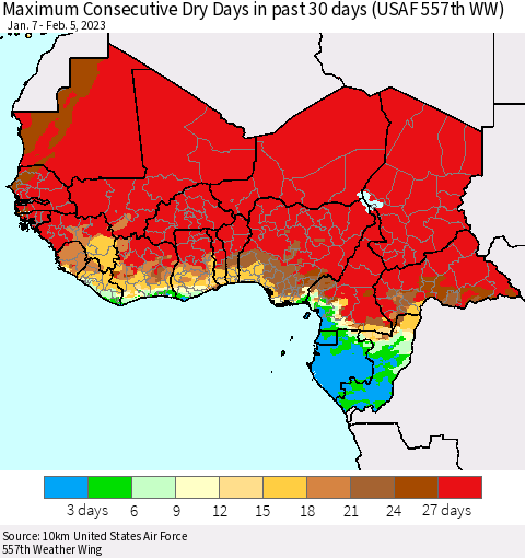 Western Africa Maximum Consecutive Dry Days in past 30 days (USAF 557th WW) 02/05/2023 Thematic Map For 2/1/2023 - 2/5/2023