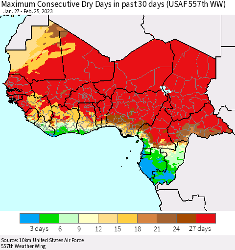 Western Africa Maximum Consecutive Dry Days in past 30 days (USAF 557th WW) 02/25/2023 Thematic Map For 2/21/2023 - 2/25/2023