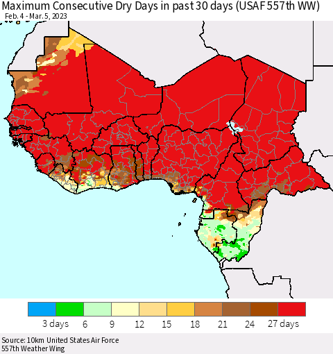 Western Africa Maximum Consecutive Dry Days in past 30 days (USAF 557th WW) 03/05/2023 Thematic Map For 3/1/2023 - 3/5/2023