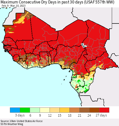Western Africa Maximum Consecutive Dry Days in past 30 days (USAF 557th WW) 03/10/2023 Thematic Map For 3/6/2023 - 3/10/2023