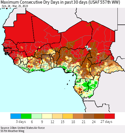 Western Africa Maximum Consecutive Dry Days in past 30 days (USAF 557th WW) 03/25/2023 Thematic Map For 3/21/2023 - 3/25/2023