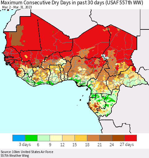 Western Africa Maximum Consecutive Dry Days in past 30 days (USAF 557th WW) 03/31/2023 Thematic Map For 3/26/2023 - 3/31/2023