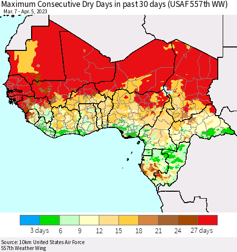 Western Africa Maximum Consecutive Dry Days in past 30 days (USAF 557th WW) 04/05/2023 Thematic Map For 4/1/2023 - 4/5/2023