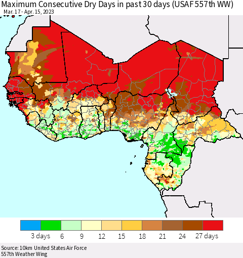 Western Africa Maximum Consecutive Dry Days in past 30 days (USAF 557th WW) 04/15/2023 Thematic Map For 4/11/2023 - 4/15/2023