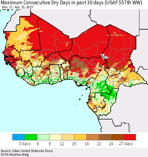 Western Africa Maximum Consecutive Dry Days in past 30 days (USAF 557th WW) 04/25/2023 Thematic Map For 4/21/2023 - 4/25/2023