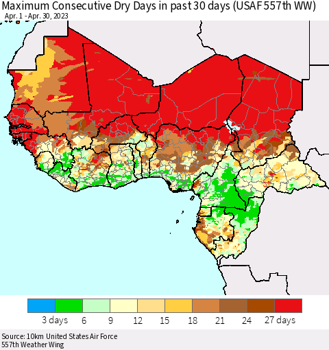 Western Africa Maximum Consecutive Dry Days in past 30 days (USAF 557th WW) 04/30/2023 Thematic Map For 4/26/2023 - 4/30/2023