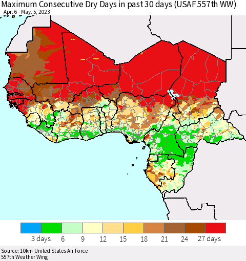 Western Africa Maximum Consecutive Dry Days in past 30 days (USAF 557th WW) 05/05/2023 Thematic Map For 5/1/2023 - 5/5/2023