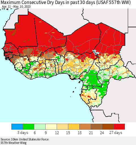 Western Africa Maximum Consecutive Dry Days in past 30 days (USAF 557th WW) 05/10/2023 Thematic Map For 5/6/2023 - 5/10/2023