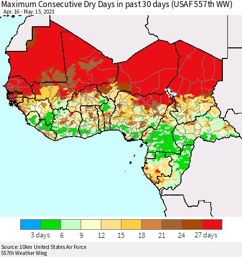 Western Africa Maximum Consecutive Dry Days in past 30 days (USAF 557th WW) 05/15/2023 Thematic Map For 5/11/2023 - 5/15/2023