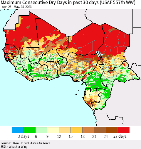 Western Africa Maximum Consecutive Dry Days in past 30 days (USAF 557th WW) 05/25/2023 Thematic Map For 5/21/2023 - 5/25/2023