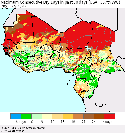 Western Africa Maximum Consecutive Dry Days in past 30 days (USAF 557th WW) 05/31/2023 Thematic Map For 5/26/2023 - 5/31/2023