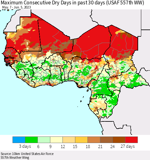 Western Africa Maximum Consecutive Dry Days in past 30 days (USAF 557th WW) 06/05/2023 Thematic Map For 6/1/2023 - 6/5/2023
