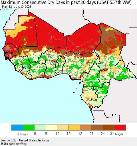 Western Africa Maximum Consecutive Dry Days in past 30 days (USAF 557th WW) 06/10/2023 Thematic Map For 6/6/2023 - 6/10/2023
