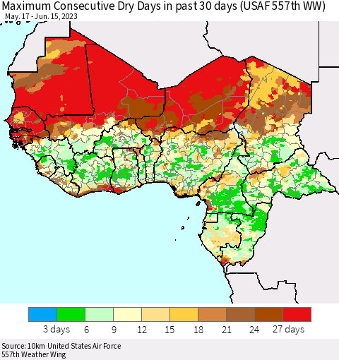 Western Africa Maximum Consecutive Dry Days in past 30 days (USAF 557th WW) 06/15/2023 Thematic Map For 6/11/2023 - 6/15/2023