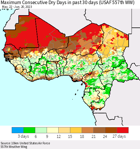 Western Africa Maximum Consecutive Dry Days in past 30 days (USAF 557th WW) 06/20/2023 Thematic Map For 6/16/2023 - 6/20/2023